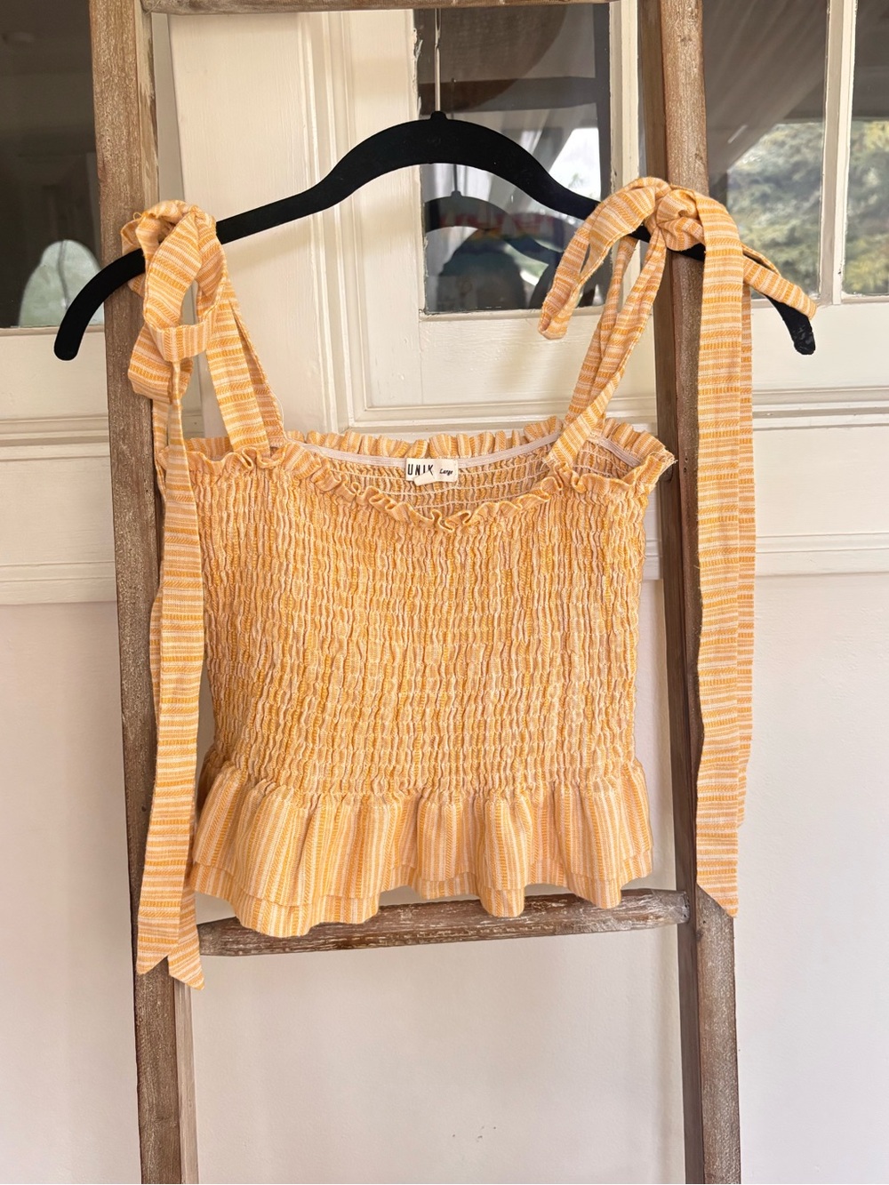 Smocked Tie-Shoulder Crop Top in Yellow Stripe